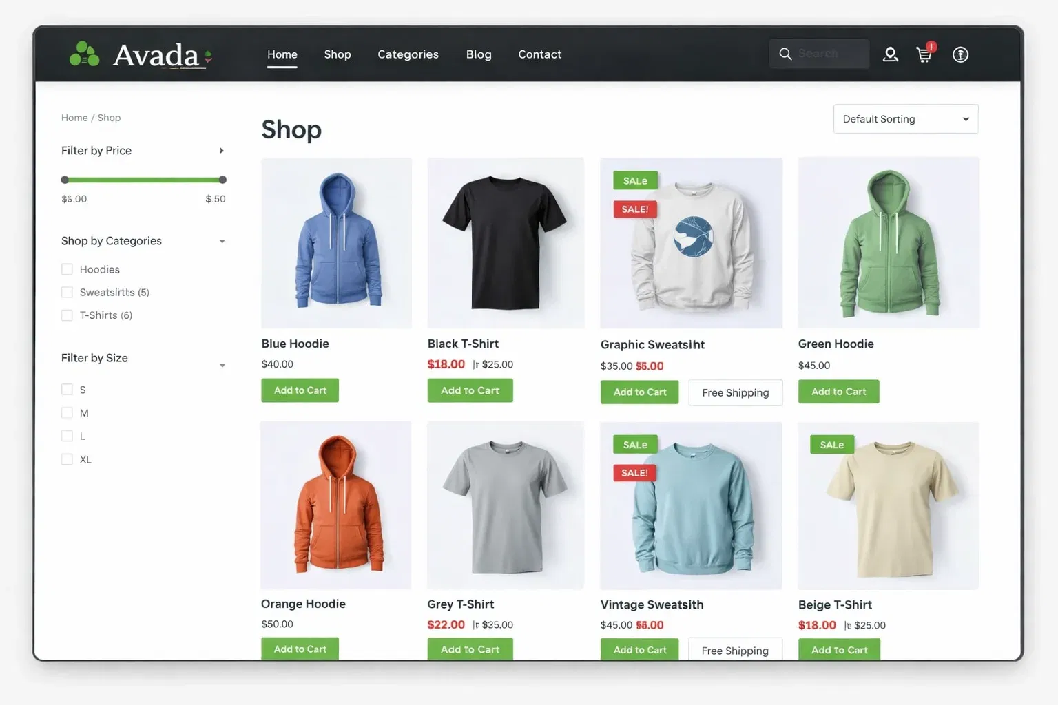 WooCommerce online store layout designed with the Avada theme.