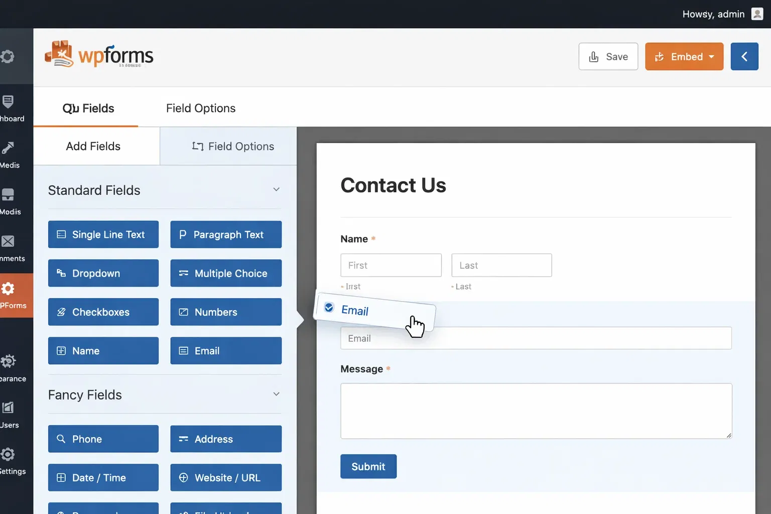 WPForms Pro drag and drop WordPress form builder interface.
