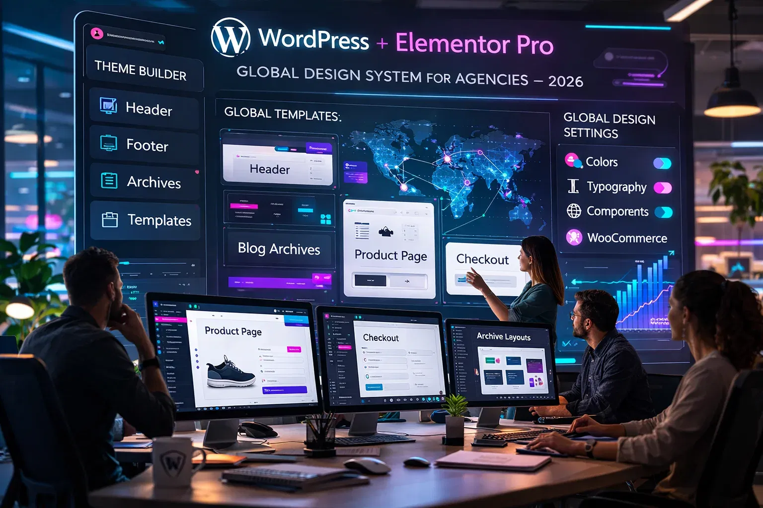Elementor Pro workflow for global agencies showing Theme Builder templates, WooCommerce layouts, and global design settings in 2026.