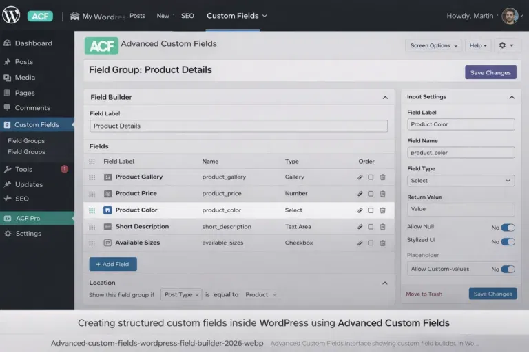 Advanced Custom Feilds interface showing custom field builder in WordPress dashboard